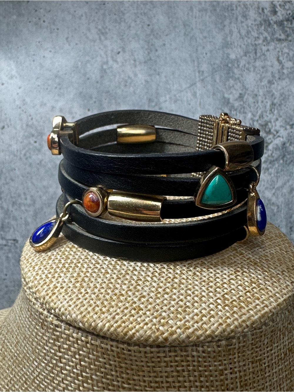 Barse Multi-Stone Black Leather Wrap Bracelet with Gold Accents - Picture 2 of 7